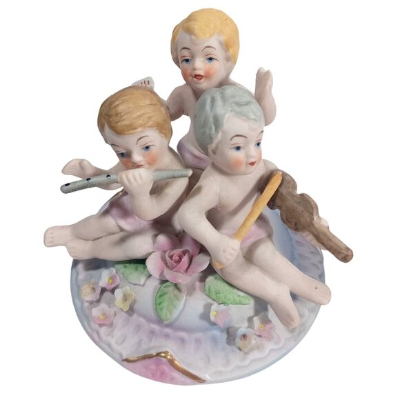 Vintage Norleans Footed Cherub Musi Porcelain Bisque Jewelry Trinket Dresser Box - Picture 12 of 13